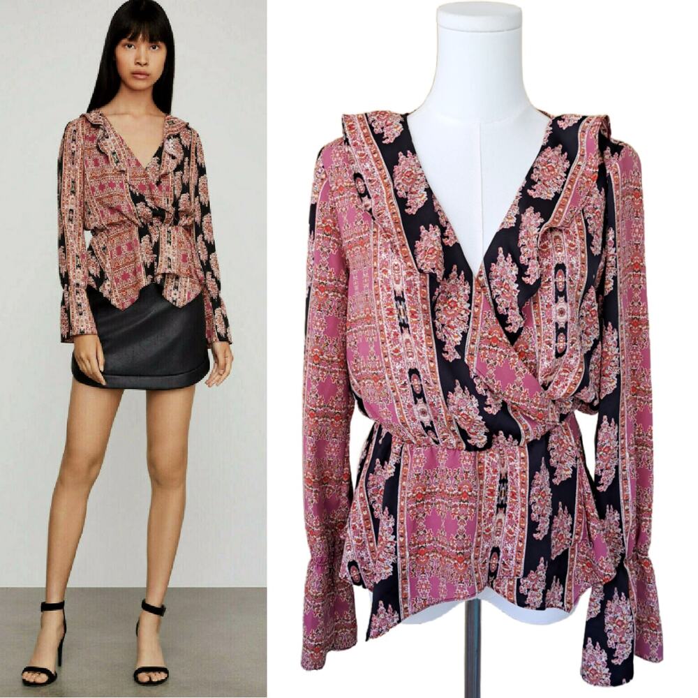 BCBGMaxAzria Surplice V-neck Top Small Asymmetric Pink Black Modern Boho